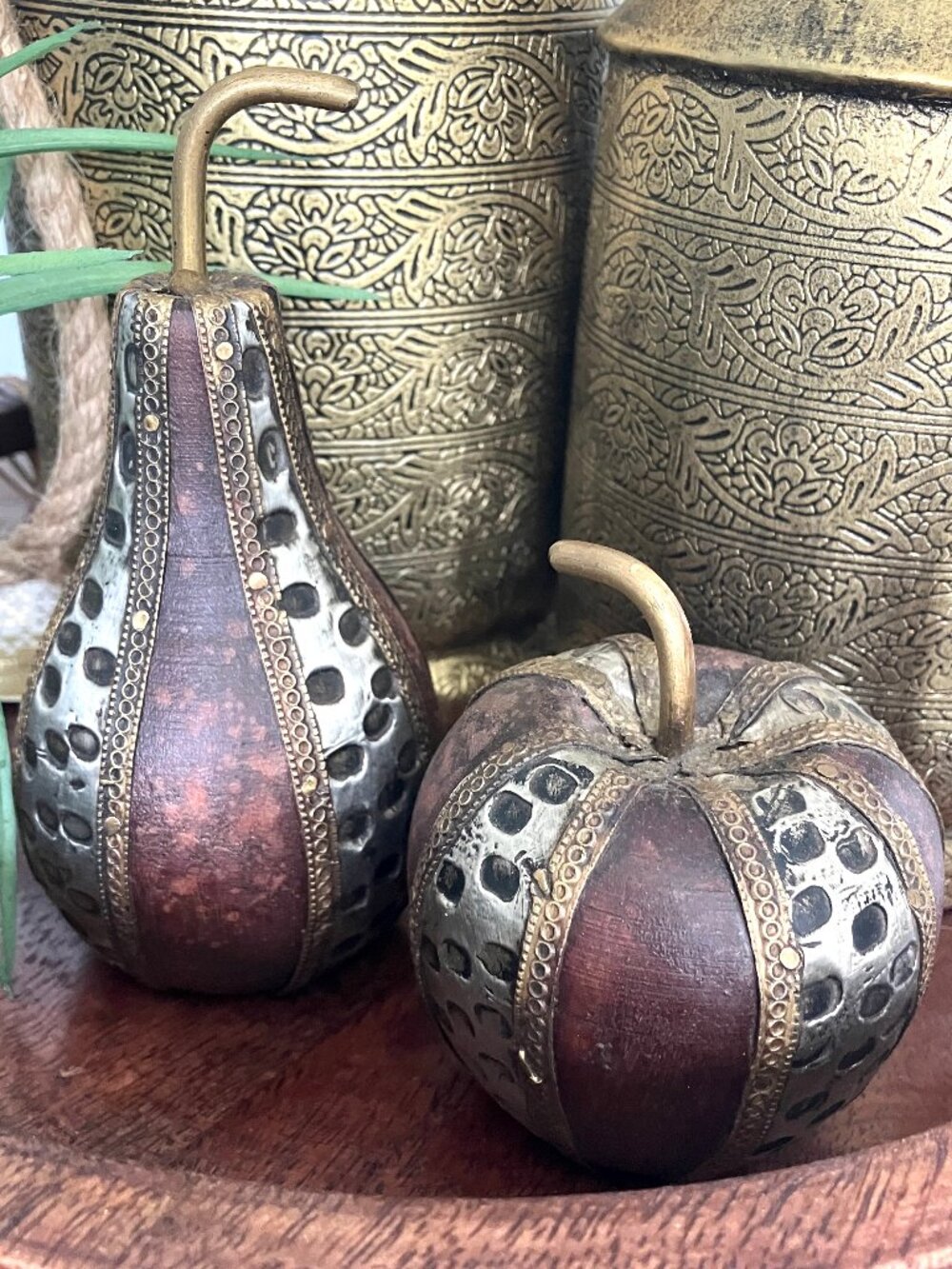 Vintage Wood Brass Metal Fruit Decor Midcentury Paperweights Apple Pear VTG MCM